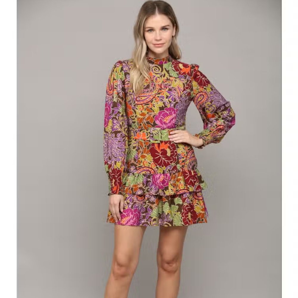 Floral Print Belted Waist Ruffle Hem Dress